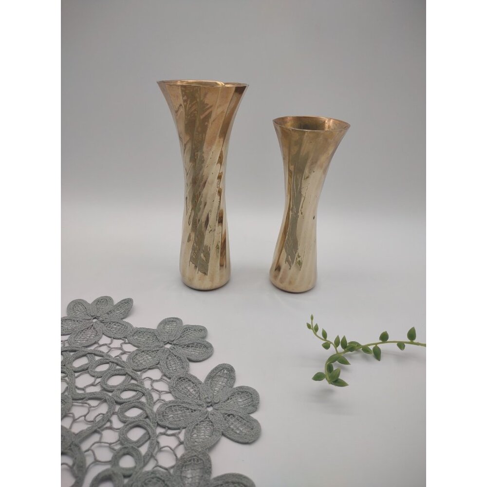 Vintage Pair of Swirl Ribbed Brass Vases, 2 Sizes 7", 6", Hollywood Regency